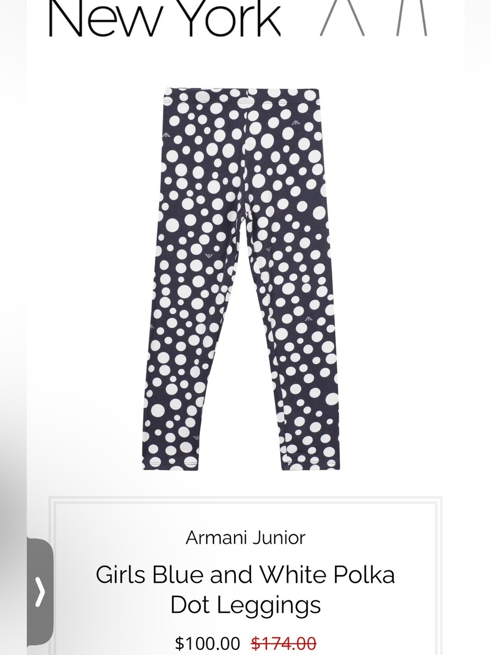 Armani Junior Navy and White Polka Dot Leggings NWT 8Y